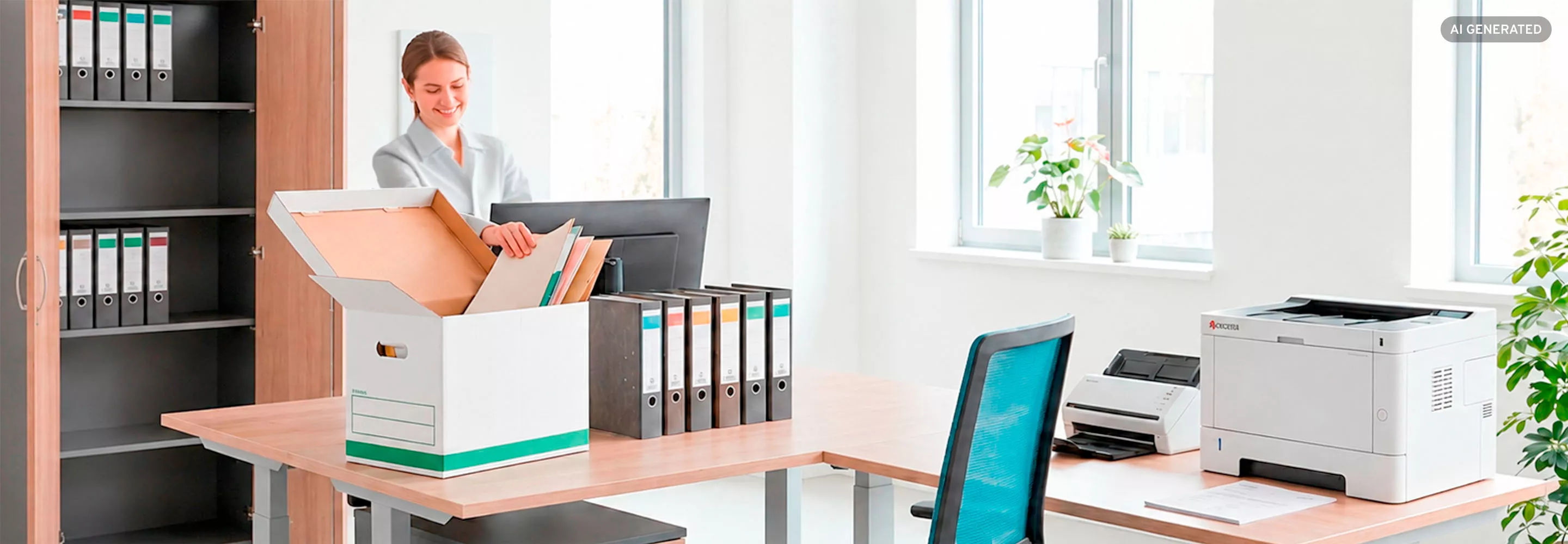 Mitarbeiterin packt Akten und Ordner in Archivbox im Büro