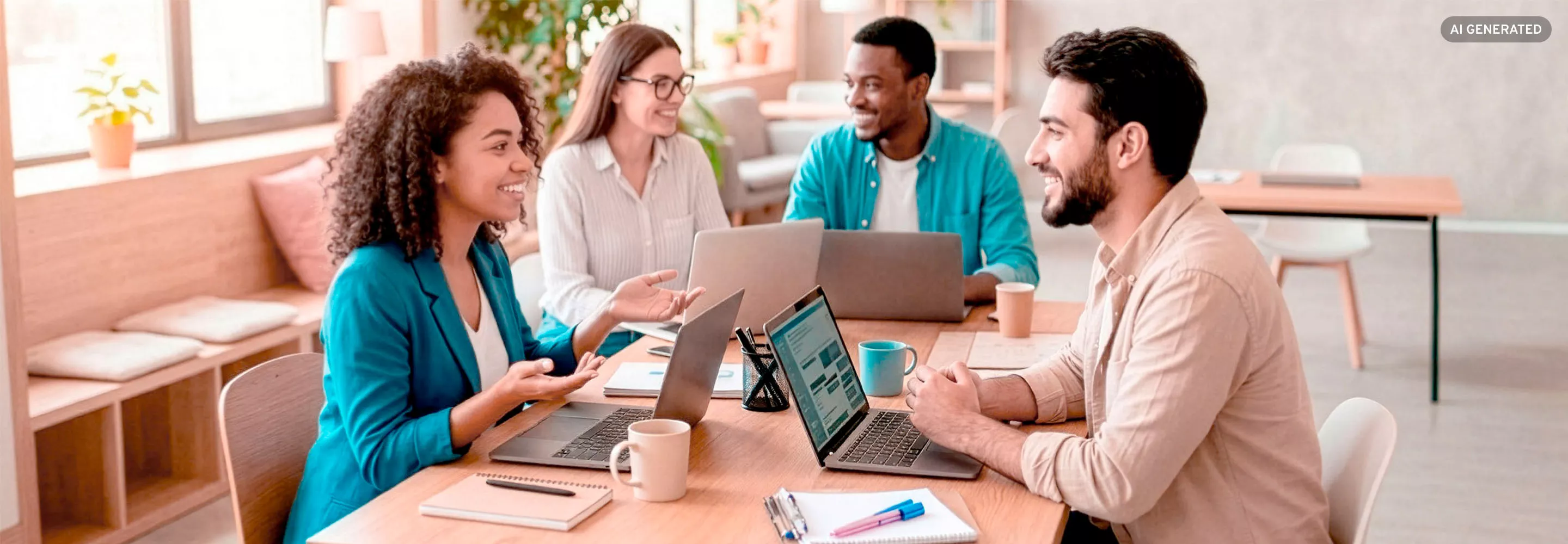Team sitzt mit Laptops zusammen und bespricht Kommunikationsregeln für die Neiquette