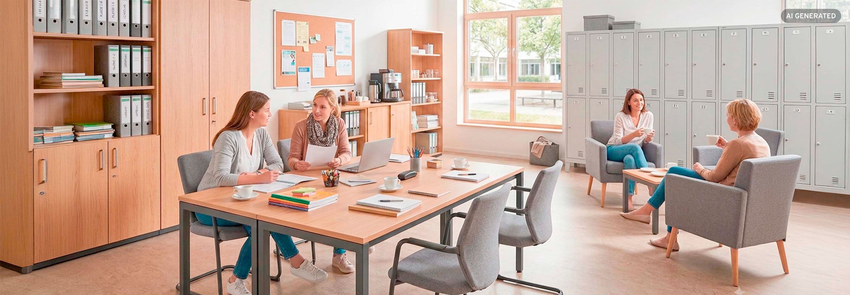 Lehrerinnen arbeiten am Tisch und entspannen in der Sitzecke im Lehrerzimmer