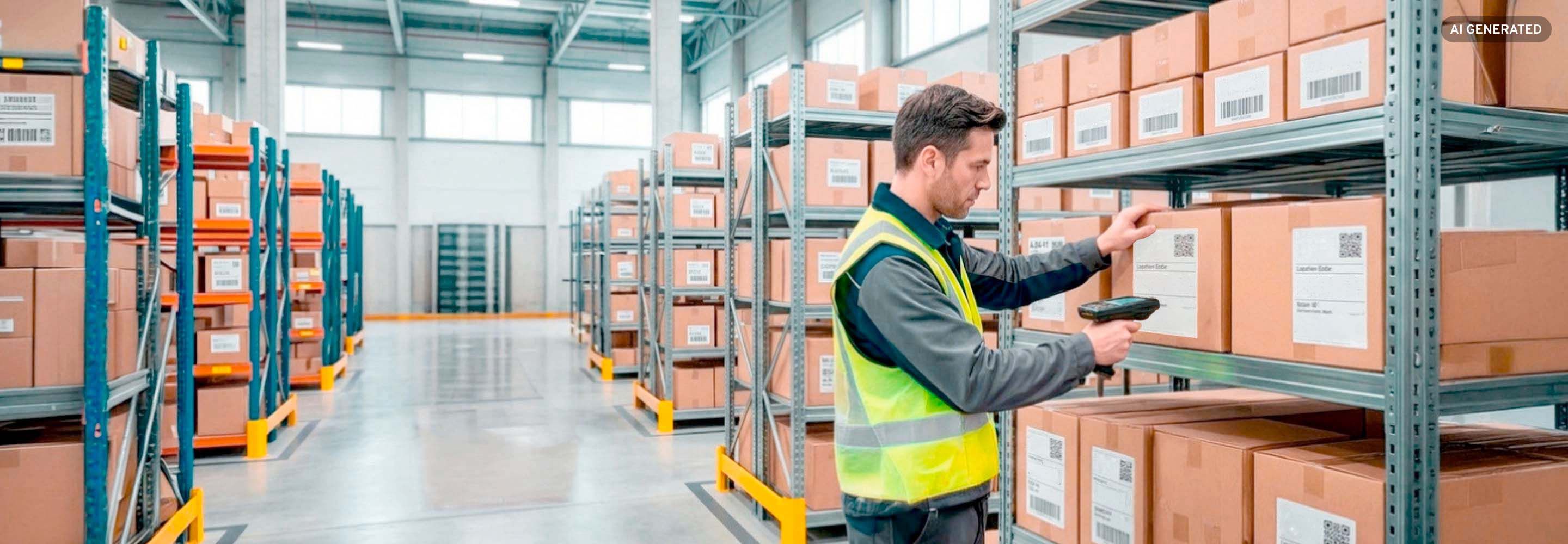 Mitarbeiter scannt Barcode-Etikett am Hochregal im Lager