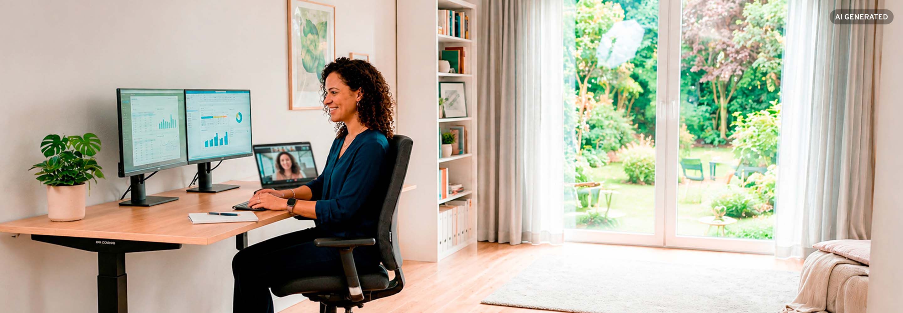 Frau arbeitet im Homeoffice am höhenverstellbaren Schreibtisch