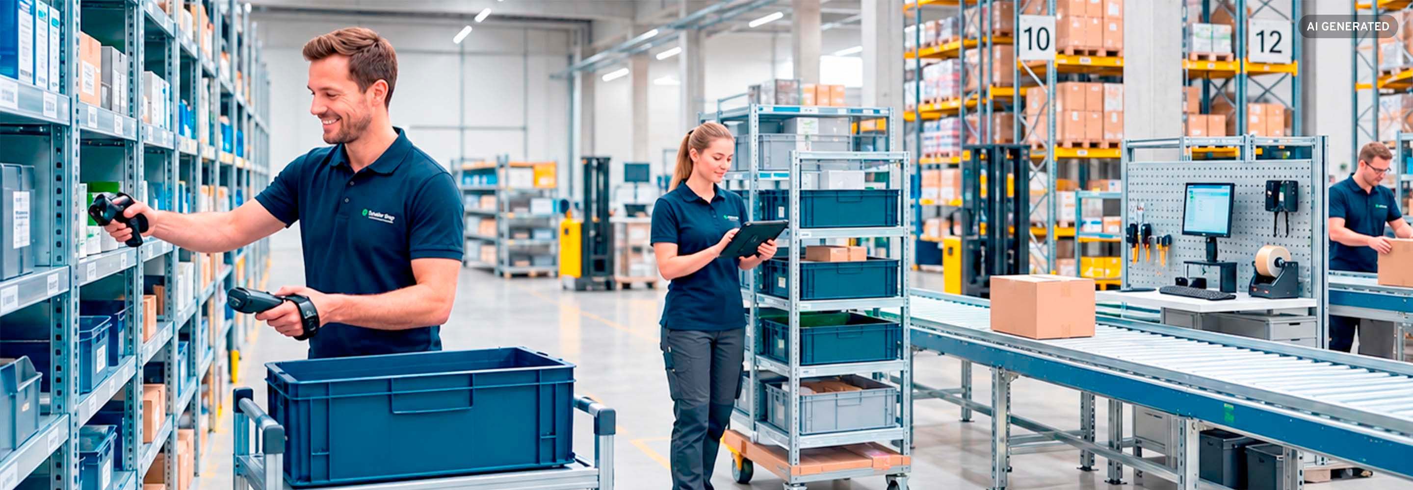 Zwei Lagermitarbeiter scannen Artikel im Regal und an der Packstation