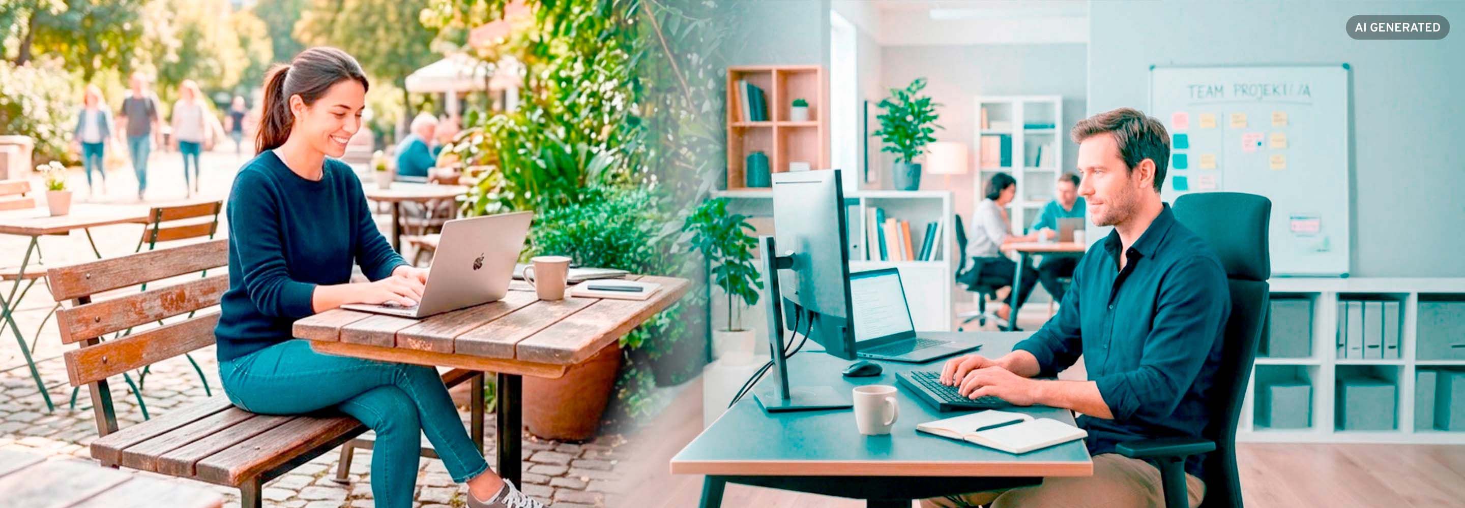 Frau arbeitet mobil im Café, Mann arbeitet am festen Büroschreibtisch