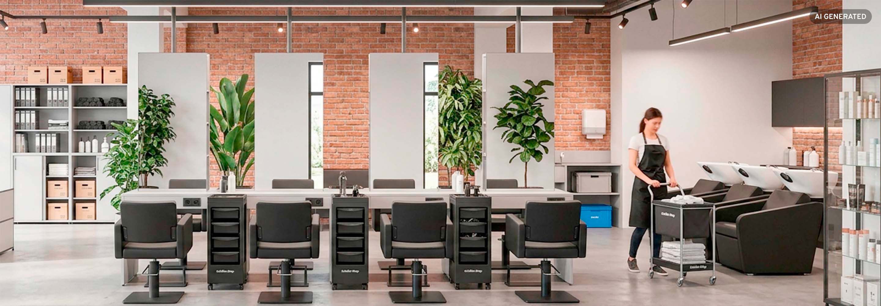 Modern eingerichteter Friseursalon mit Empfangstheke, Wascheinheiten und Stylingplätzen