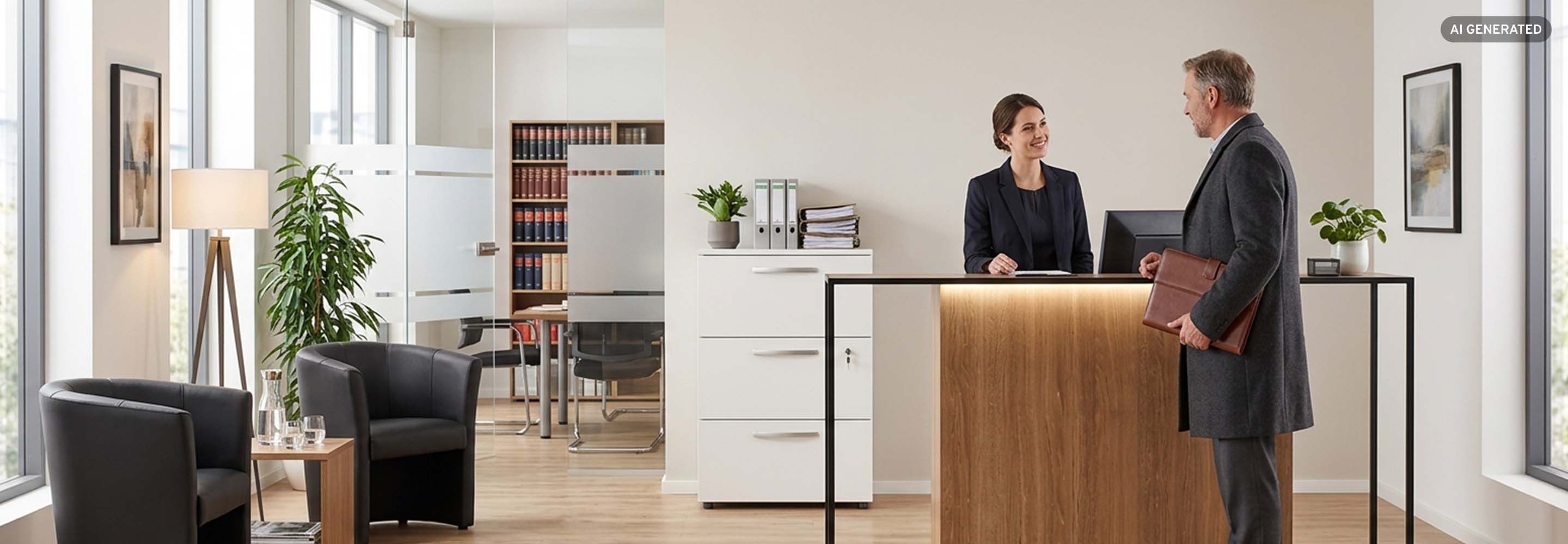 Moderner Kanzlei-Empfang mit Holztresen, Aktenschrank, Lederclubsesseln im Wartebereich und Besprechungsraum hinter Glaswand