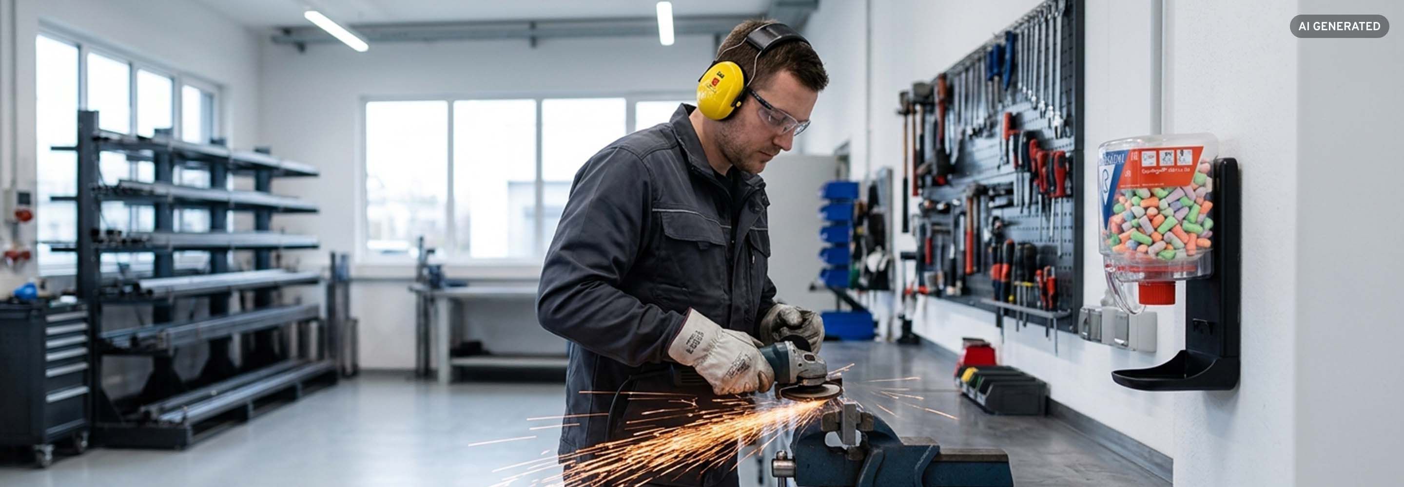 Mitarbeiter mit Kapselgehörschutz und Schutzbrille arbeitet mit Winkelschleifer, daneben ein Gehörschutzstöpsel-Spender an der Wand