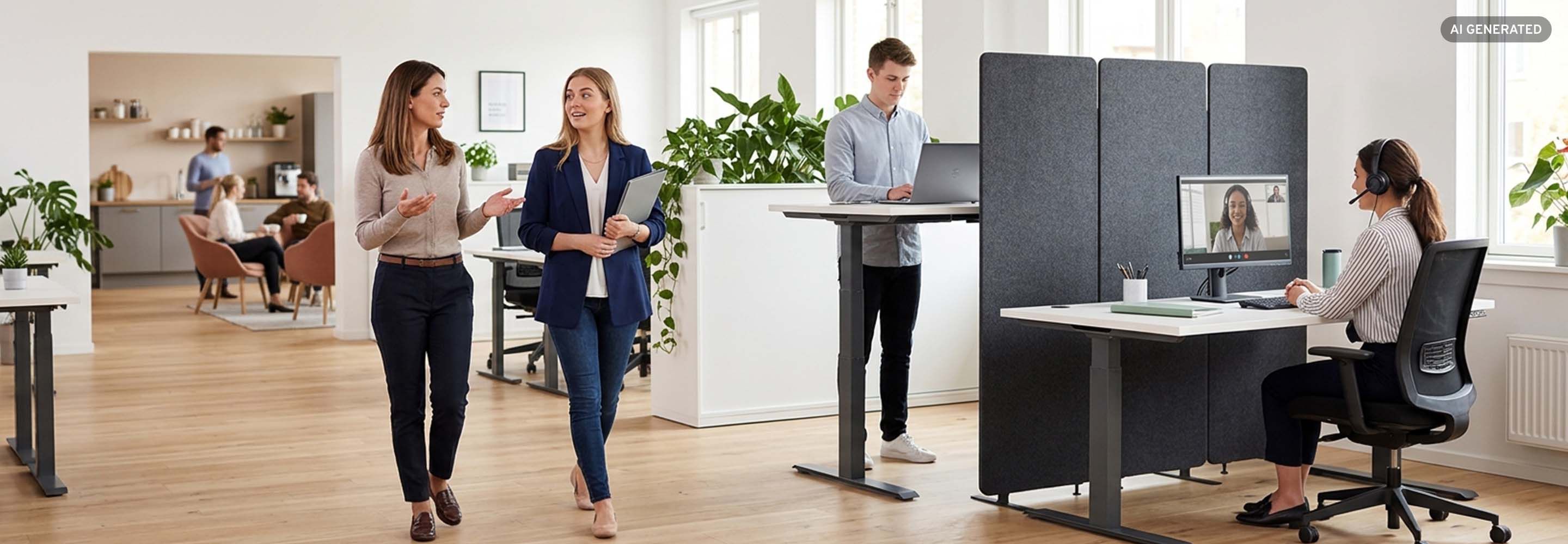 Modernes Büro mit Steh-Sitz-Tischen, Akustik-Stellwänden und Lounge-Bereich als attraktiver Arbeitsplatz im Recruiting