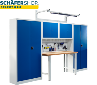  Sistema de armarios de taller Schäfer Shop Select, 10 elementos, ancho 3100 x alto 1935 mm, acero y tablero multiplex, gris claro RAL 7035/azul benigno RAL 5010