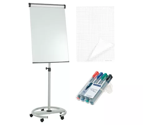 Rotafolio móvil MAUL solid plus, formato vertical, altura ajustable, magnético, 2 soportes de papel, ancho 660 x alto 970 mm + 5 blocs à 20 hojas y 4 marcadores