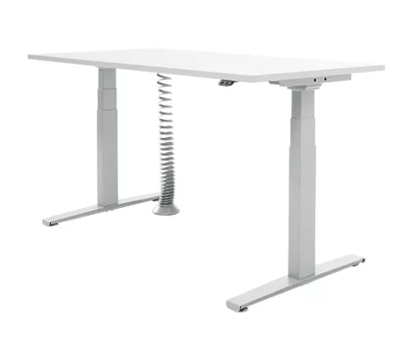 Escritorio Schäfer Shop Select, regulable eléctricamente en altura, pie en T, ancho 1600 x fondo 800 x alto 645-1290 mm, aluminio gris claro/blanco + espiral de cables