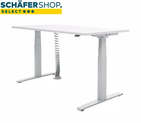 Escritorio Schäfer Shop Select, regulable eléctricamente en altura, pie en T, ancho 1600 x fondo 800 x alto 645-1290 mm, aluminio gris claro/blanco + espiral de cables