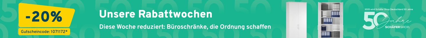 Ein türkisfarbener Hintergrund mit einem Büroschrank. In einem gelben Feld ist „-20 Prozent“ angegeben.