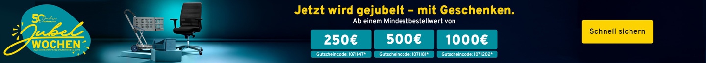 Jetzt wird gejubelt - mit Geschenken : Set Sichtlagerkästen, Mindestbestellwert 250 €, Aktionscode 1071147*; Clax Transportwagen, Mindestbestellwert 500 € Aktionscode 1071181*; Bürostuhl schwarz, Mindestbestellwert 1000 € Aktioscode 1071202*. Schnell sichern