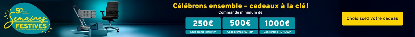 Célébrons ensemble - cadeaux à la clé : lot de bacs à bec, Commande minimum de 250 €, Code promo 1071147*; Clax chariot de transport, min. Commande minimum de 500 € Code promo 1071181*; Siège de bureau noir, Commande minimum de 1000 € Code promo 1071202*. Choissisez votre cadeau