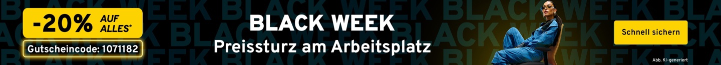 Eine Dame in Arbeitskleidung auf einem gelben Bürostuhl. Text: Black Week. Preissturz am Arbeitsplatz. 20 % Rabatt auf alles* mit Gutscheincode: 1071182