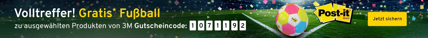 Ein bunter Fußball mit einem Post-it-Logo. Text: Volltreffer! Gratis Fußball. Zu ausgewählten Produkten von 3M Mit dem Gutscheincode: 1071192