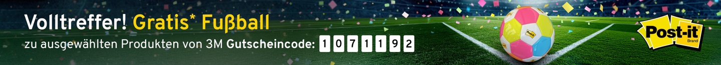 Ein bunter Fußball mit einem Post-it-Logo. Text: Volltreffer! Gratis Fußball. Zu ausgewählten Produkten von 3M Mit dem Gutscheincode: 1071192