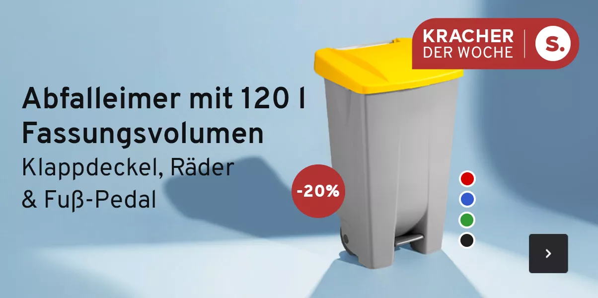 Ein grauer Abfallbehälter mit gelbem Klappdeckel. Auch in anderen Farben erhältlich. Text: Abfalleimer mit 120 l Fassungsvolumen. Klappdeckel, Räder und Fuß-Pedal. -20 Prozent