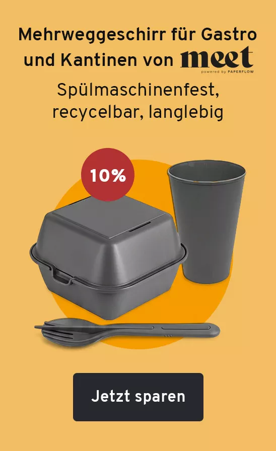 Mehrweggeschirr für Gastro & Kantinen von “meet by Paperflow”. Spülmaschinenfest, recycelbar, langlebig Jetzt sparen. -10 Prozent
