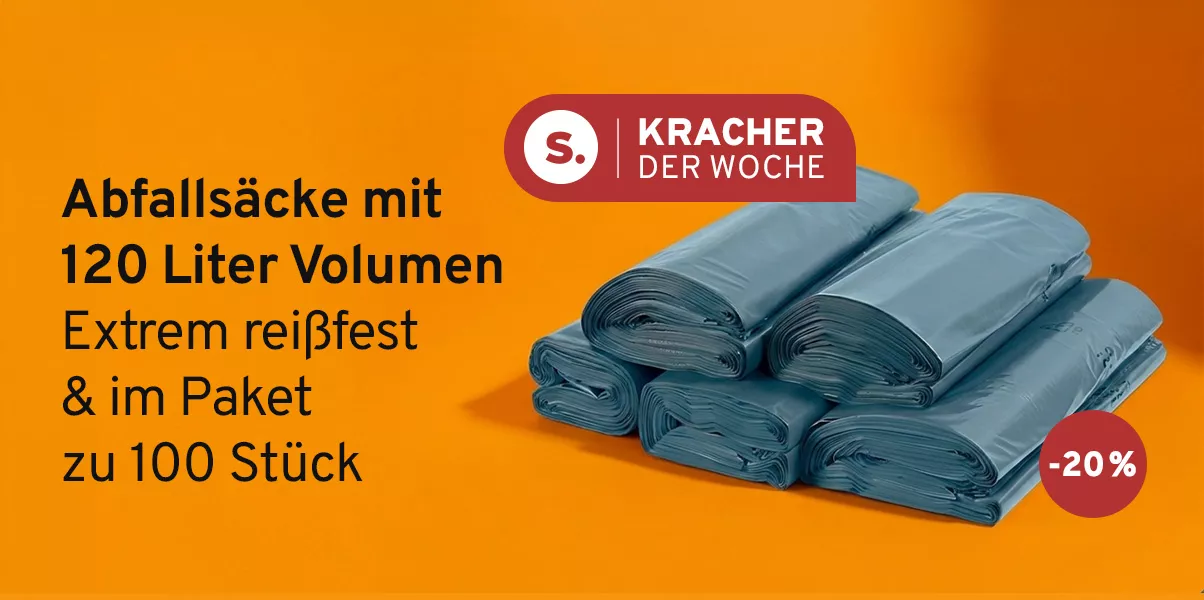 20% reduziert. Abfallsäcke mit 120 Liter Volumen  Extrem reißfest & im Paket zu 100 Stück. Bild: Einige Rollen mit Müllsäcke