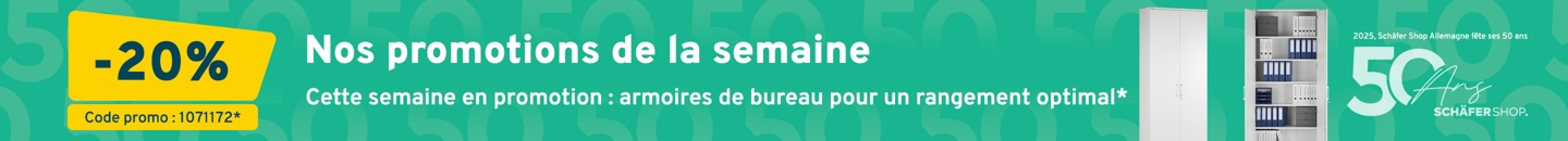 Un fond turquoise avec une armoire de bureau. Dans un cadre jaune, il est indiqué -20 pourcent. Il y a un logo « 50 ans de Schäfer Shop Allemagne ». Texte : Nos promotions de la semaine. Cette semaine : armoires de bureau pour un rangement optimal* à -20% Code promo : 1071172*