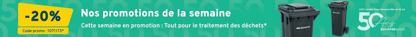Nos promotions de la semaine. Cette semaine en promotion : Tout pour le traitement des déchets*  Veuillez ajouter le code promotionnel 1071173 dans le panier.