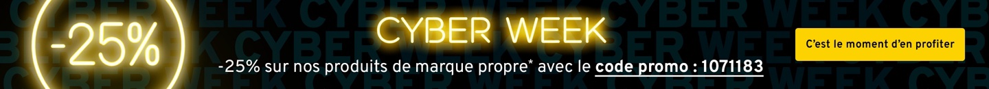 Il est indiqué en néon : -25 pourcent. Texte : -25 pourcent sur nos produits de marque* avec le code promo 1071183