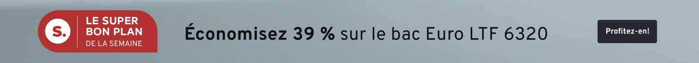 Bacs empilables gris LTF 6320. Texte : Super bon plan de la semaine. Économisez 39 pourcent sur l'Euro Box LTF 6320.