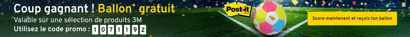 Un ballon de football aux couleurs vives avec un logo Post-it. Texte : Coup gagnant ! Ballon gratuit. Valable sur une sélection de produits 3M Utilisez le code promo : 1071192