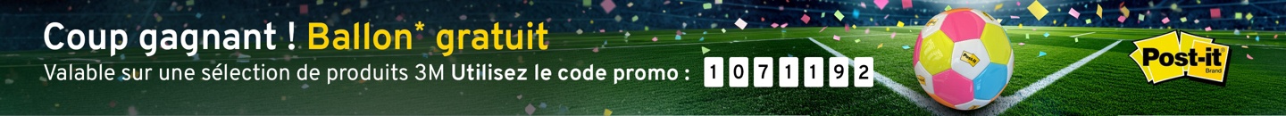 Un ballon de football aux couleurs vives avec un logo Post-it. Texte : Coup gagnant ! Ballon gratuit. Valable sur une sélection de produits 3M Utilisez le code promo : 1071192