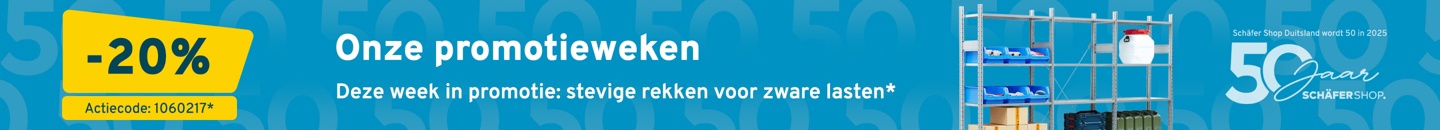 Een magazijnrek op een felblauwe achtergrond. Tekst: Onze promotieweken. Deze week -20 procent op stevige rekken voor zware lasten ter gelegenheid van 50 jaar Sch&auml;fer Shop Duitsland. Actiecode: 1060217