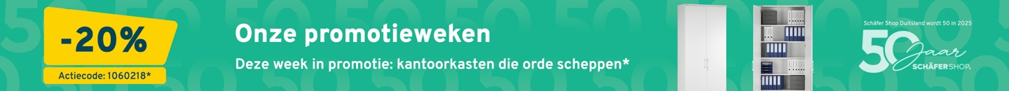 Een turquoisen achtergrond met een kantoorkast. In een geel vlak staat -20 procent aangeduid Er staat een logo van 50 jaar Schäfer Shop. Tekst: Onze promotieweken. Deze week: Kantoorkasten die orde scheppen* aan -20%. Actiecode: 1060218*