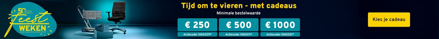 Tijd om te vieren - met cadeaus: set bakken, min. bestelwaarde € 250, actiecode 1060229; Clax transportwagen, min. bestelwaarde € 500, actiecode: 1060211; Zwarte bureaustoel, min. bestelwaarde € 1000, actiecode: 1060251*. Kies je cadeau