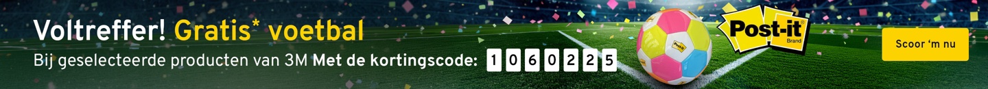 Een fel gekleurde voetbal met logo post-it. Tekst: Voltreffer! Gratis voetbal. Bij geselecteerde producten van 3M. Met de kortingscode: 1060225