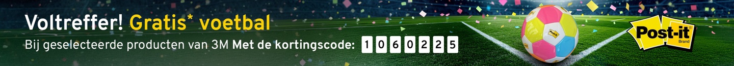 Een fel gekleurde voetbal met logo post-it. Tekst: Voltreffer! Gratis voetbal. Bij geselecteerde producten van 3M. Met de kortingscode: 1060225