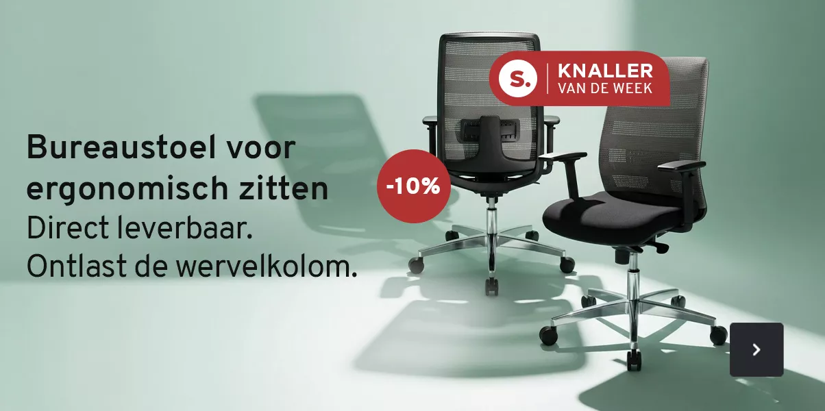 Een bureaustoel met grijze netrugleuning. Bureaustoel met grijze rugleuning. Bureaustoel voor ergonomisch zitten. Direct leverbaar. Ontlast de wervelkolom. -25 procent