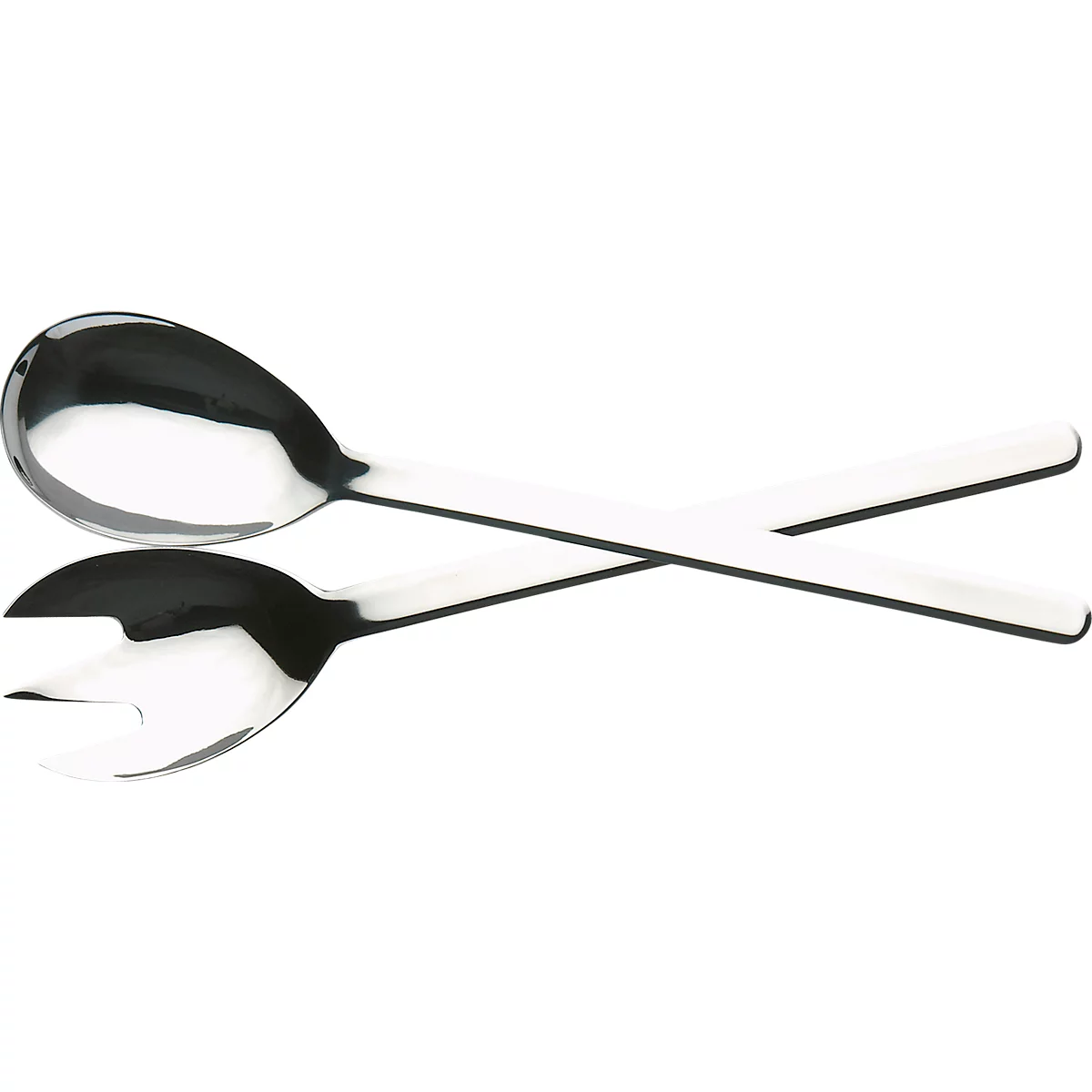 Zwei Salatbesteckteile aus poliertem Edelstahl, überkreuzt.