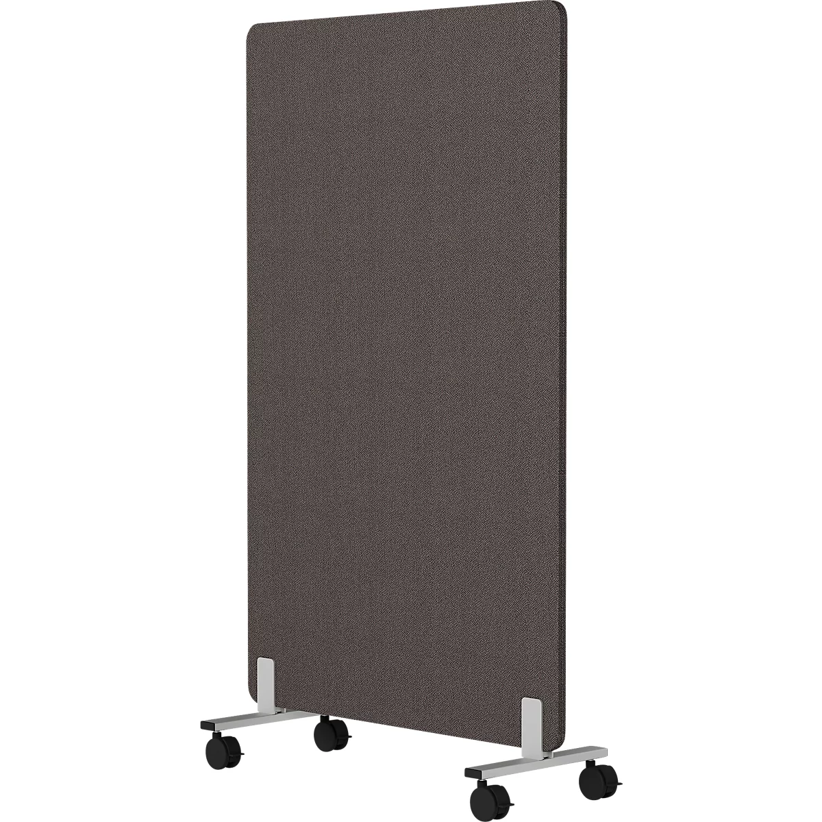 Grijze rechthoekige scheidingswand op wielen. De wand staat op een zilverkleurig frame met vier zwarte wielen.