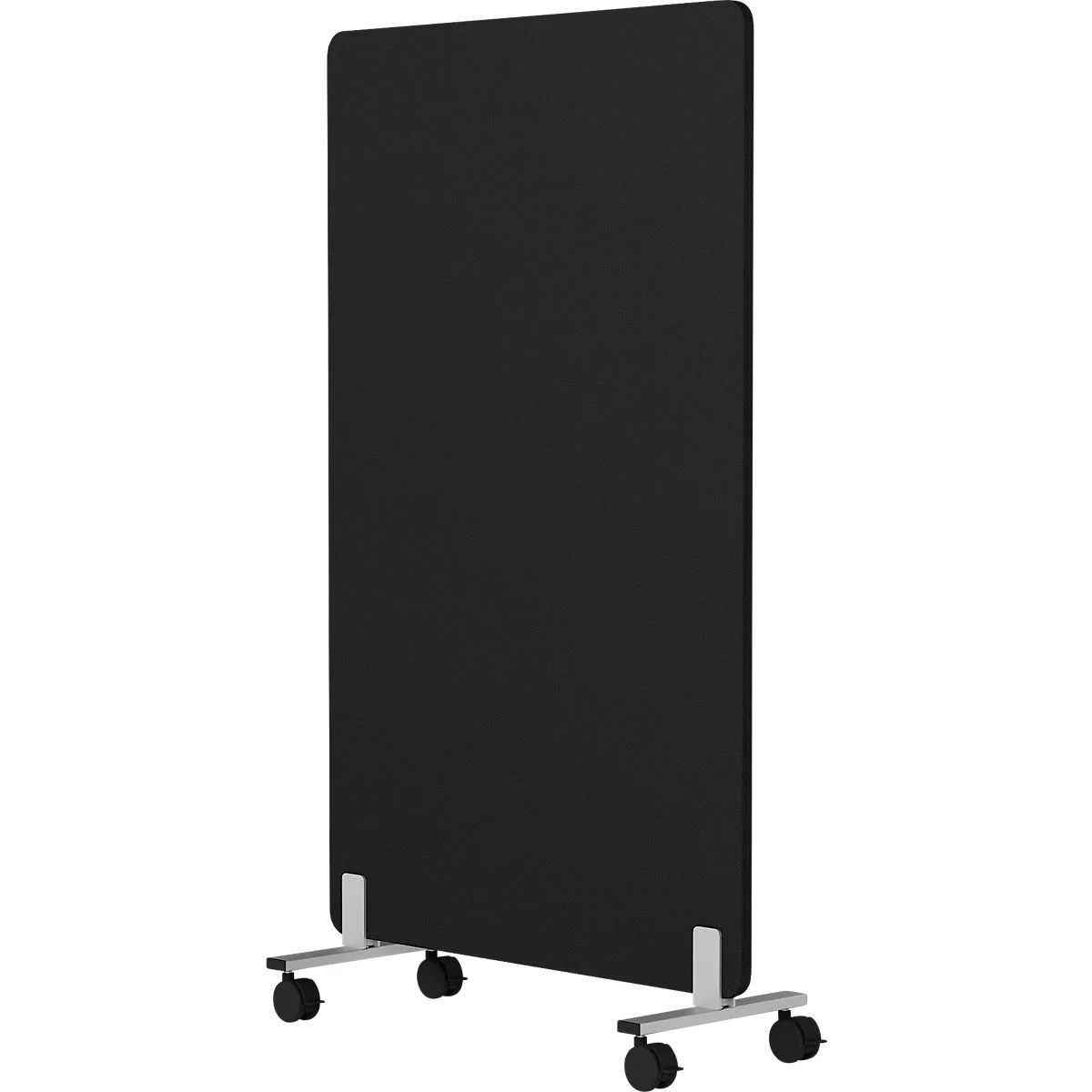 Zwart, mobiel scheidingswand op wielen. Het heeft afgeronde hoeken en staat op een zilverkleurig frame.