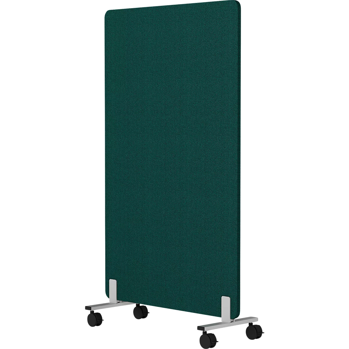 Groene rechthoekige geluiddichte wand op wielen. Hoekige metalen voeten en zwarte wielen.