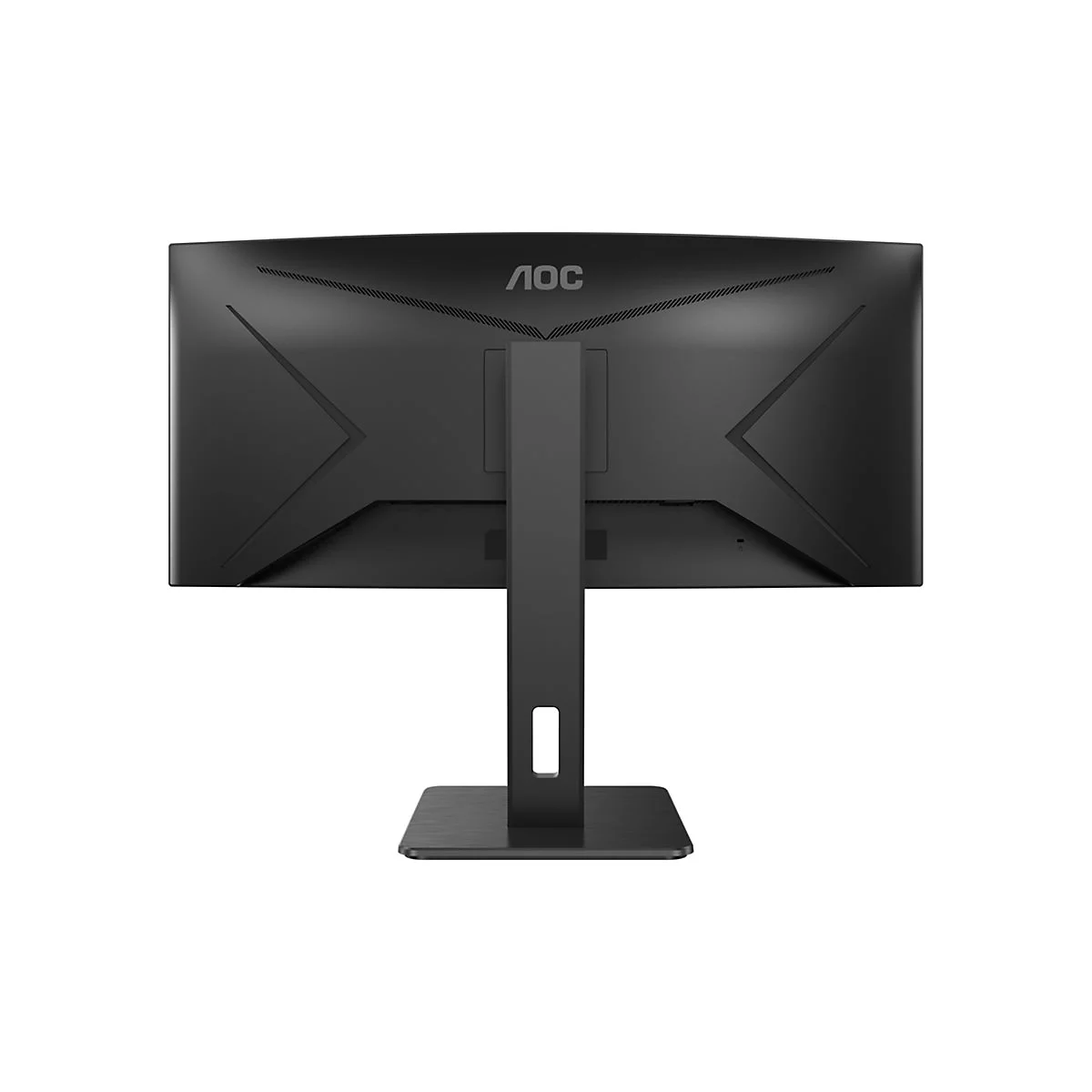 RÃ¼ckansicht eines schwarzen AOC-Monitors mit Halterung und StandfuÃŸ. Der Monitor hat das Logo AOC.