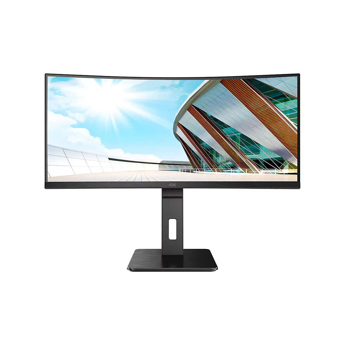 Ein schwarzer, geschwungener Monitor mit StandfuÃŸ. Der Bildschirm zeigt eine helle Szene mit blauem Himmel und einem GebÃ¤ude.