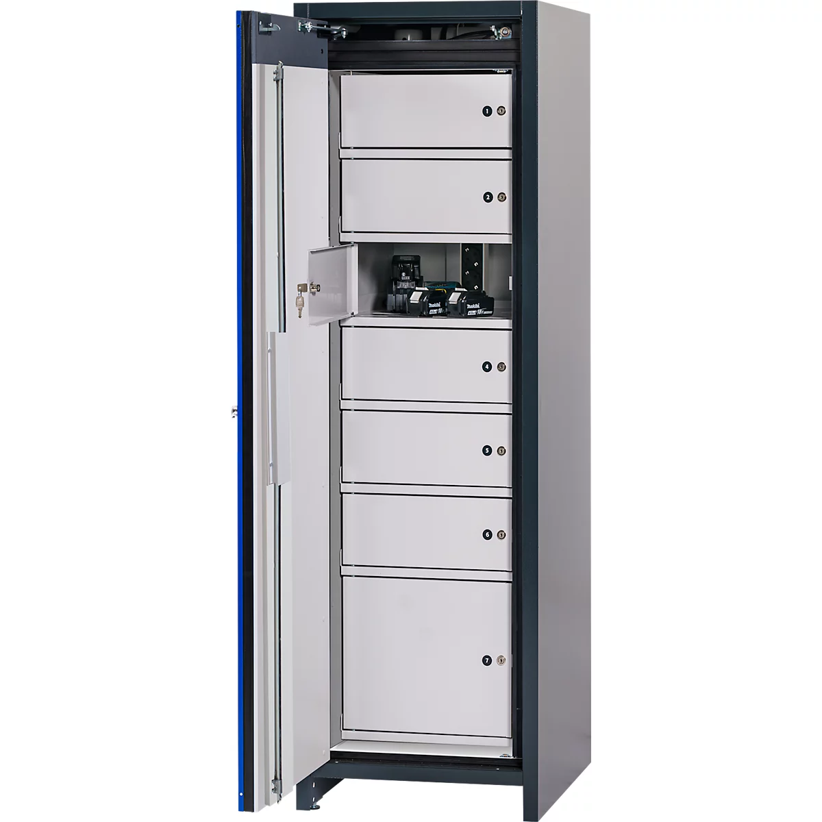 
Armoire de sécurité à batteries lithium-ion Asecos type 90 ION-CORE-90, avec système de casiers, L 599 x P 615 x H 1953 mm, gris anthracite/bleu gentiane