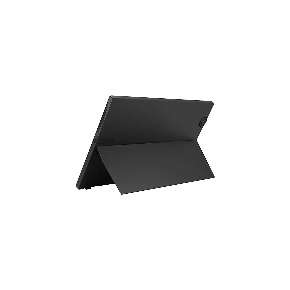 Schwarzer Monitor von ASUS, mit einer integrierten Standfunktion. Der Monitor ist geneigt und steht auf einer OberflÃ¤che.