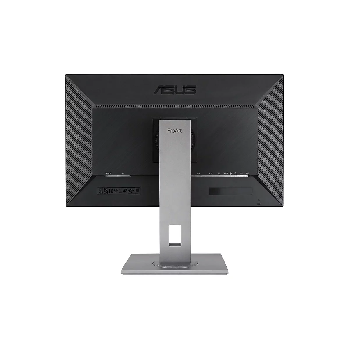 RÃ¼ckansicht eines Asus ProArt Monitors mit silbernem StÃ¤nder und Schriftzug.