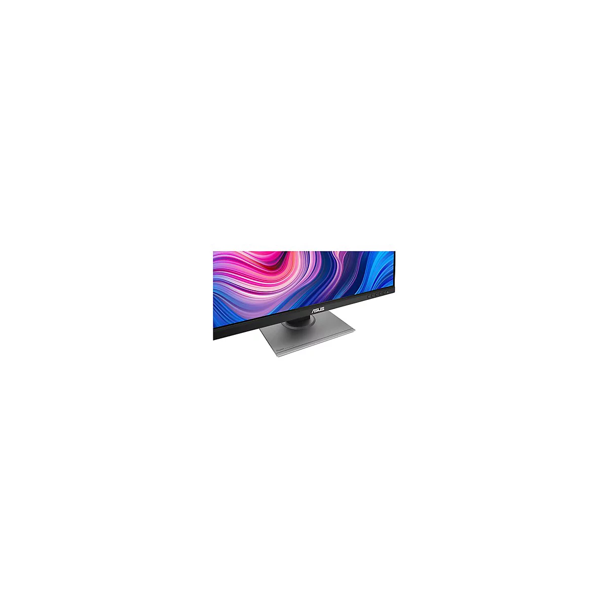 Nahaufnahme eines Asus Monitors mit farbenfrohem Bildschirmhintergrund und grauen StandfuÃŸ.