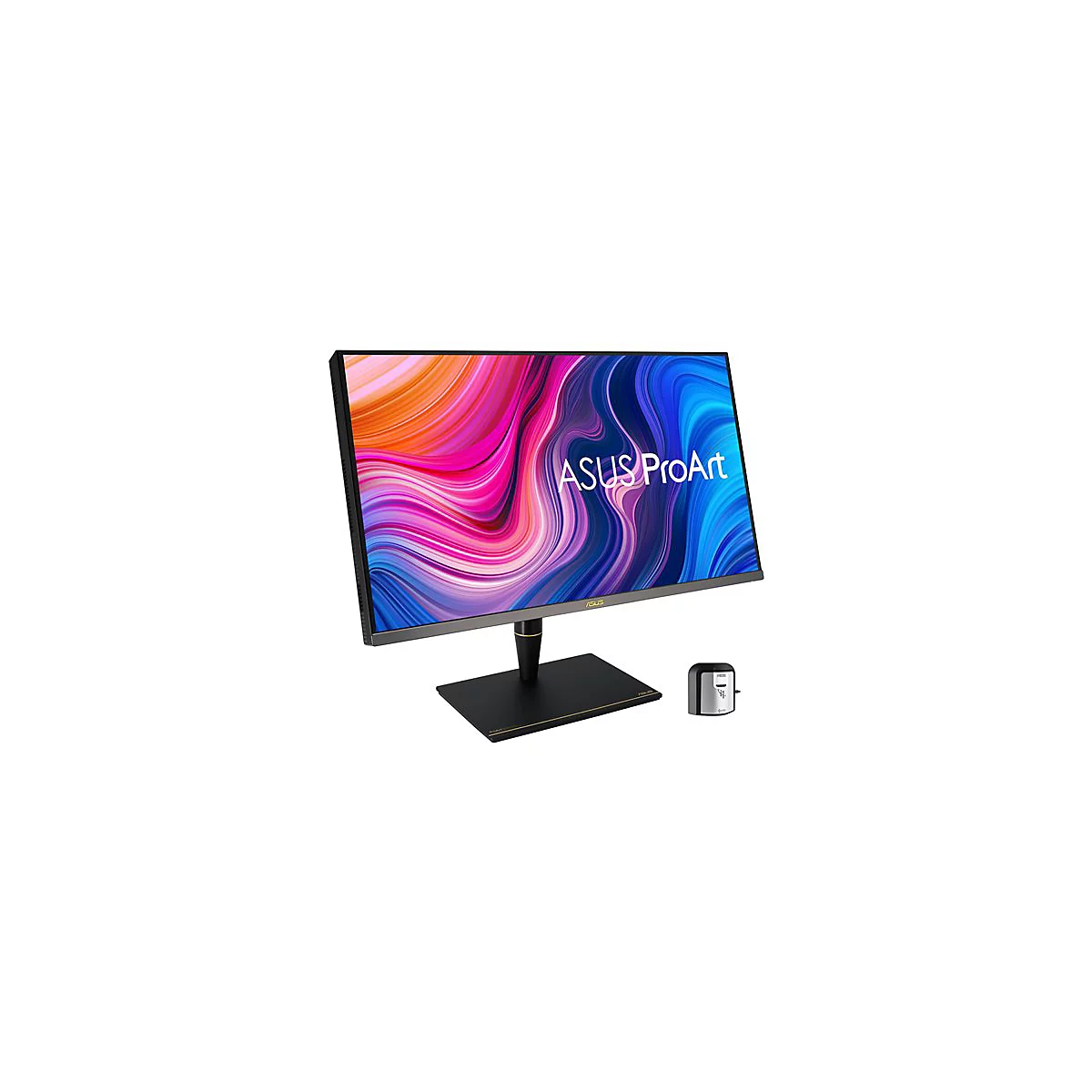 Ein Computerbildschirm mit dem ASUS ProArt Logo. Der Bildschirm hat einen schwarzen Rahmen, einen schwarzen FuÃŸ und zeigt ein abstraktes, farbenfrohes Hintergrundbild.