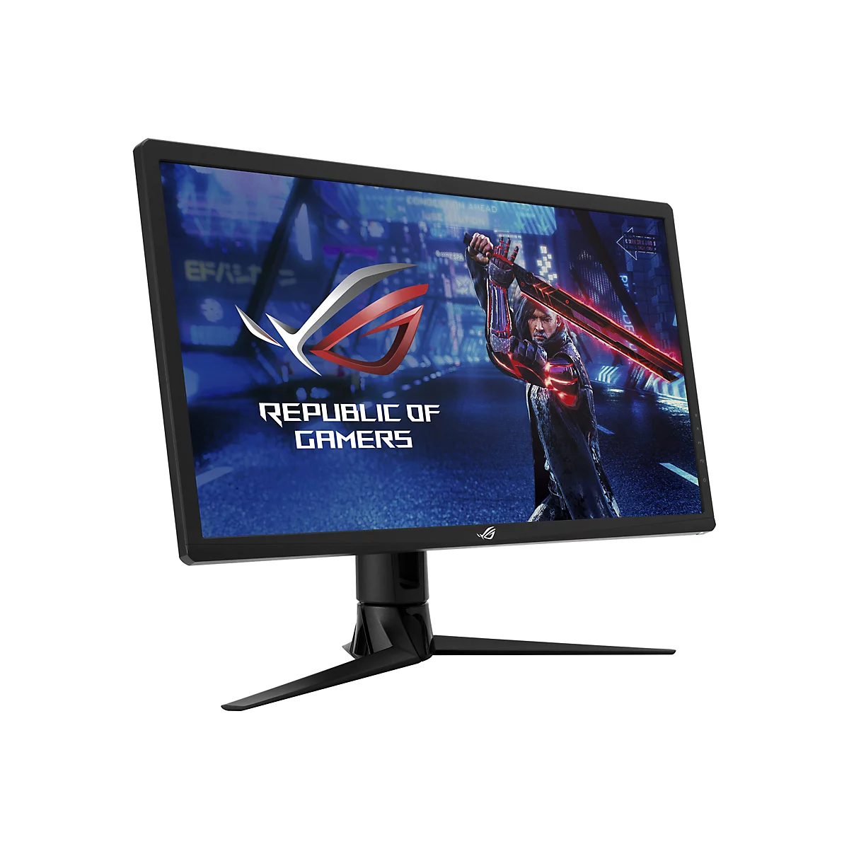 Ein ROG-Gaming-Monitor mit einem Bild eines Kriegers auf dem Bildschirm. Monitor hat eine schwarze Fassung, silbernes ROG-Logo und Standfuß.