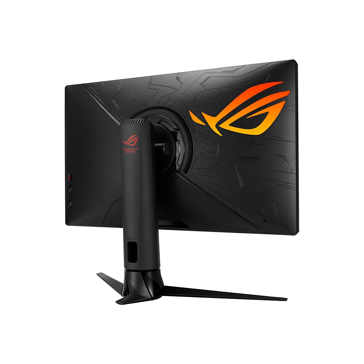 Schwarzer Monitor mit orangefarbenem Logo auf der Rückseite. Monitorfuß und -arm sind ebenfalls schwarz.