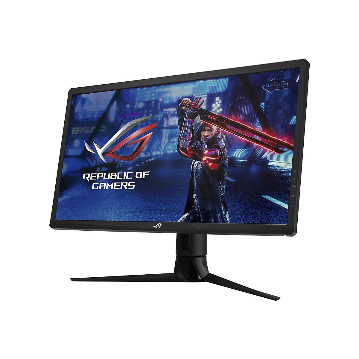 Ein Gaming-Monitor mit einem Mann, der ein rotes Schwert hält. Auf dem Bildschirm sind das ROG-Logo und der Schriftzug 'REPUBLIC OF GAMERS' zu sehen.